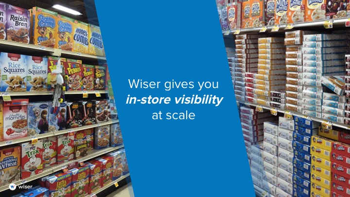 An image of different shelf space with the text: "Wiser give you in-store visibility at scale"
