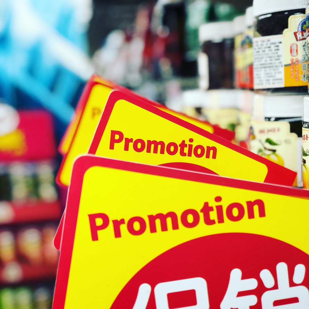 This is an image of promotions signs in a store.