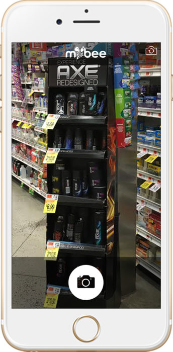 This is an image of the Mobee app on an iPhone showing a picture of an Axe display.