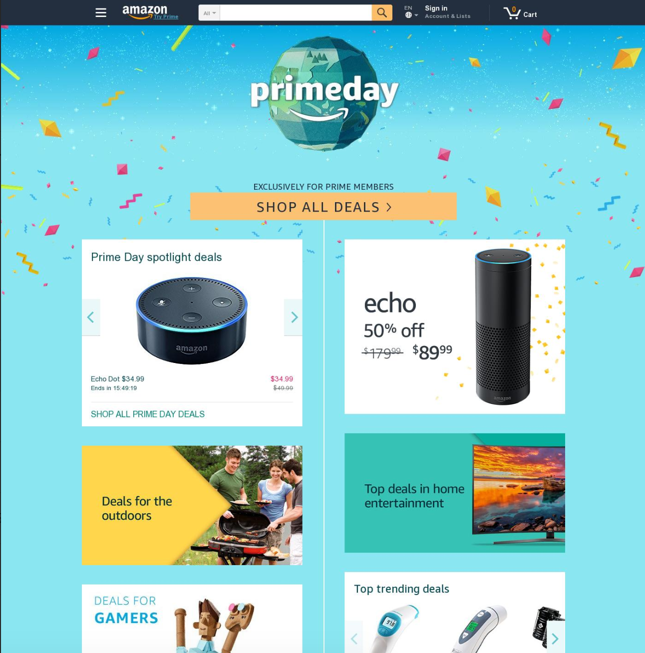 An image of Amazon's homepage on Prime Day 2017.