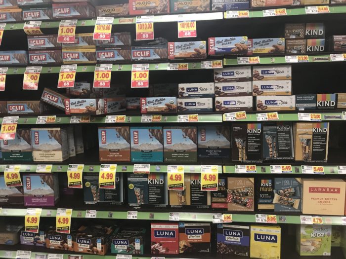 Shelf of Clif Bars in grocery store