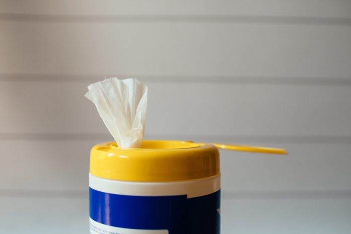 plastic can of cleaning wipes