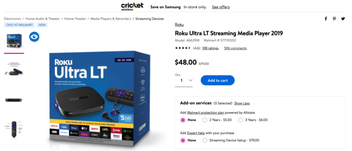 Roku Ultra LT Streaming Media Player 2019 Walmart.com listing