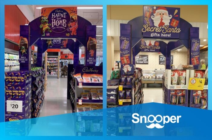 Cadbury secures Christmas display real estate for several months with interchangeable displays.
