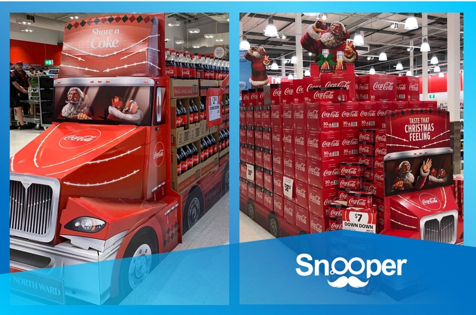 Coca-Cola’s themed Christmas displays from 2019 (left) and 2020 (right) went for impact via scale.